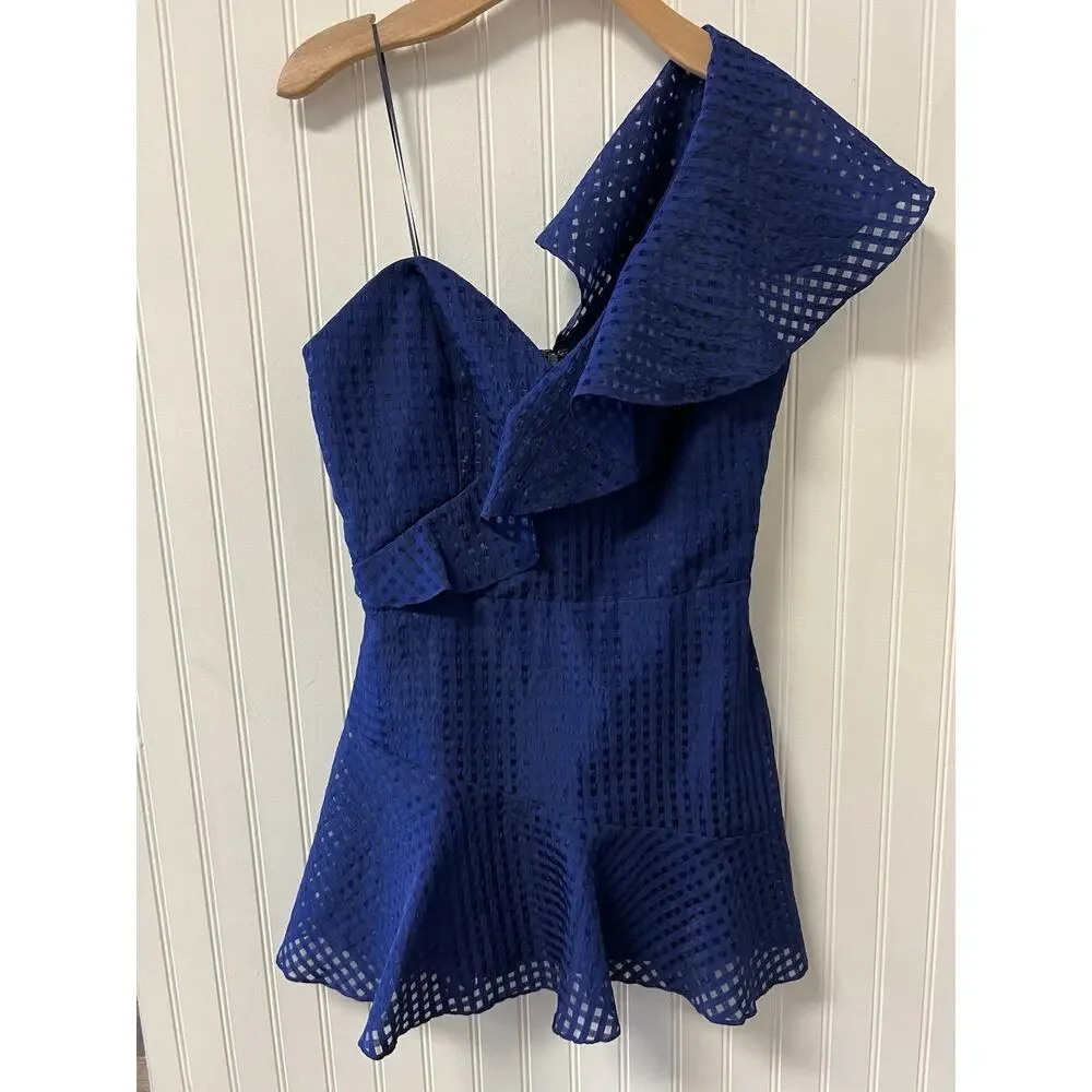 NWOT Amanda Uprichard Mckinnon Dress Navy One Shoulder Ruffle Mini Chic Sexy Med - Picture 2 of 5
